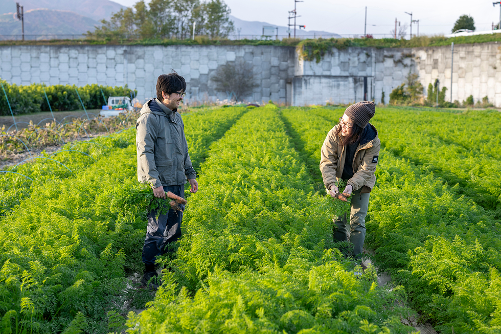 根津さん夫婦が畑作業をしている写真